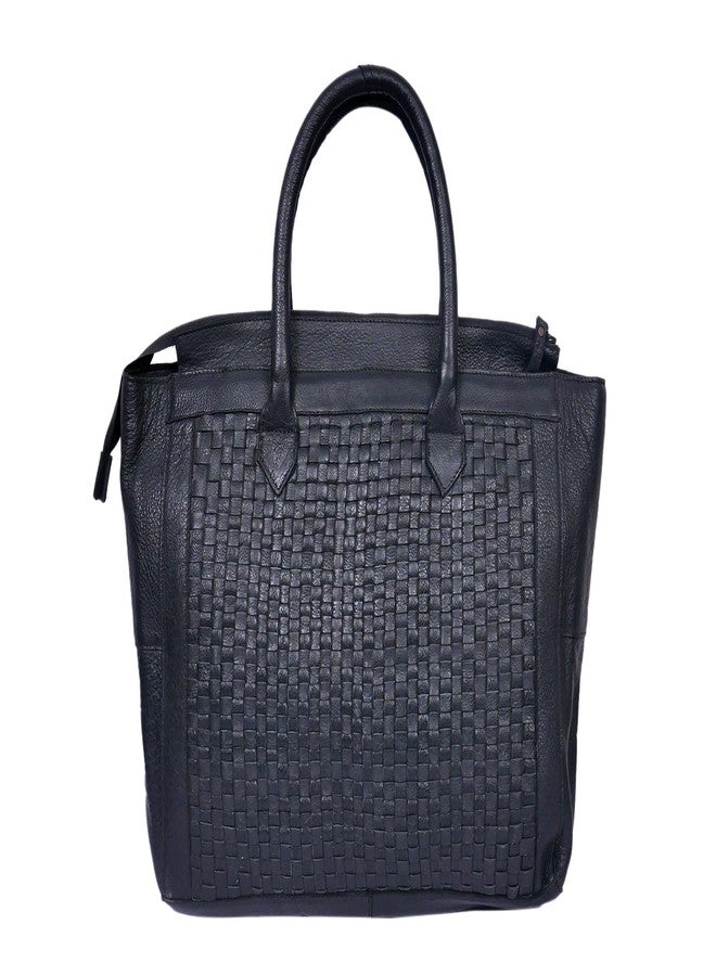 Celtic Genuine Leather Tote Bag Black with Woven Front, Zip Closure & Dual Carry Handles - Image 1